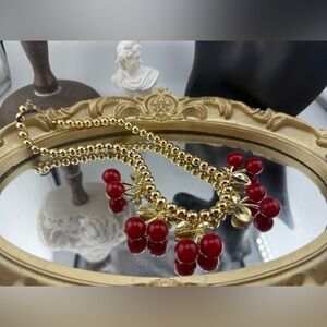 Gold Bead Cherry Statement Necklace 🍒